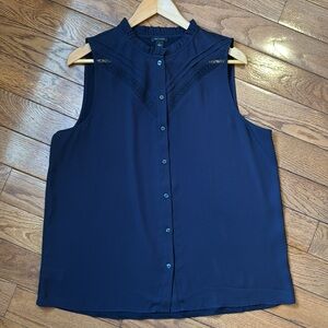 Ann Taylor Mixed Media Lacy Ruffle Sleeveless Navy Button-Front Blouse